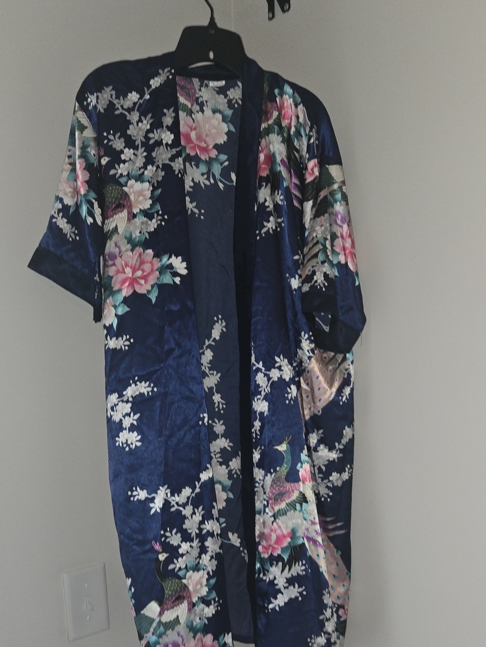 Navy Floral Satin Kimono Robe - Women's Intimates